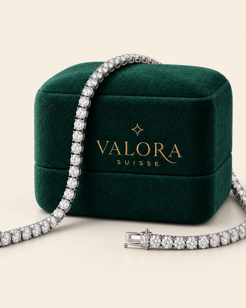 Pulseira riviera com uma fileira contínua de pedras redondas, sobre um estojo de veludo verde com o logo Valora Suisse.